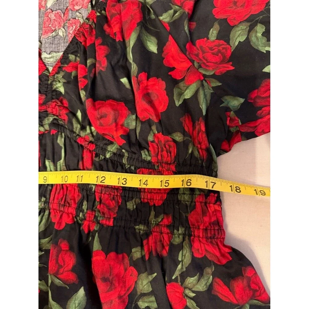 Old Navy Floral Smocked Babydoll Top XL Red Rose Print Puff Sleeve Boho
